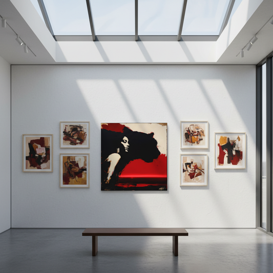 Organic earth tone art on gallery wall with dramatic natural light