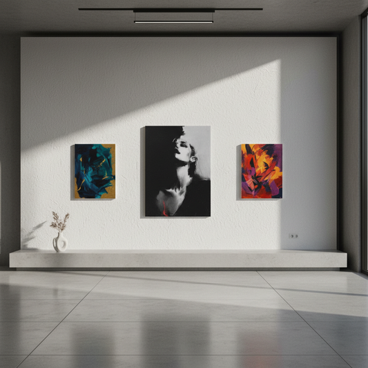 Vibrant original art on gallery wall with dramatic natural light