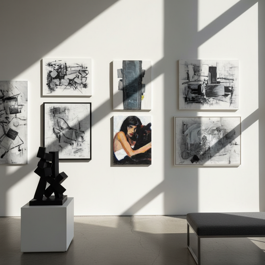 Original monochrome art on gallery wall with dramatic shadows