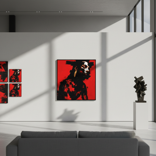 Bold geometric art on gallery wall with dramatic natural light