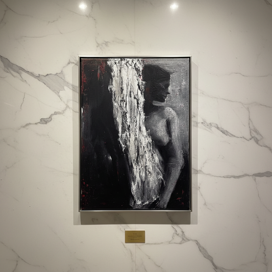 Purple canvas art on elegant marble backdrop